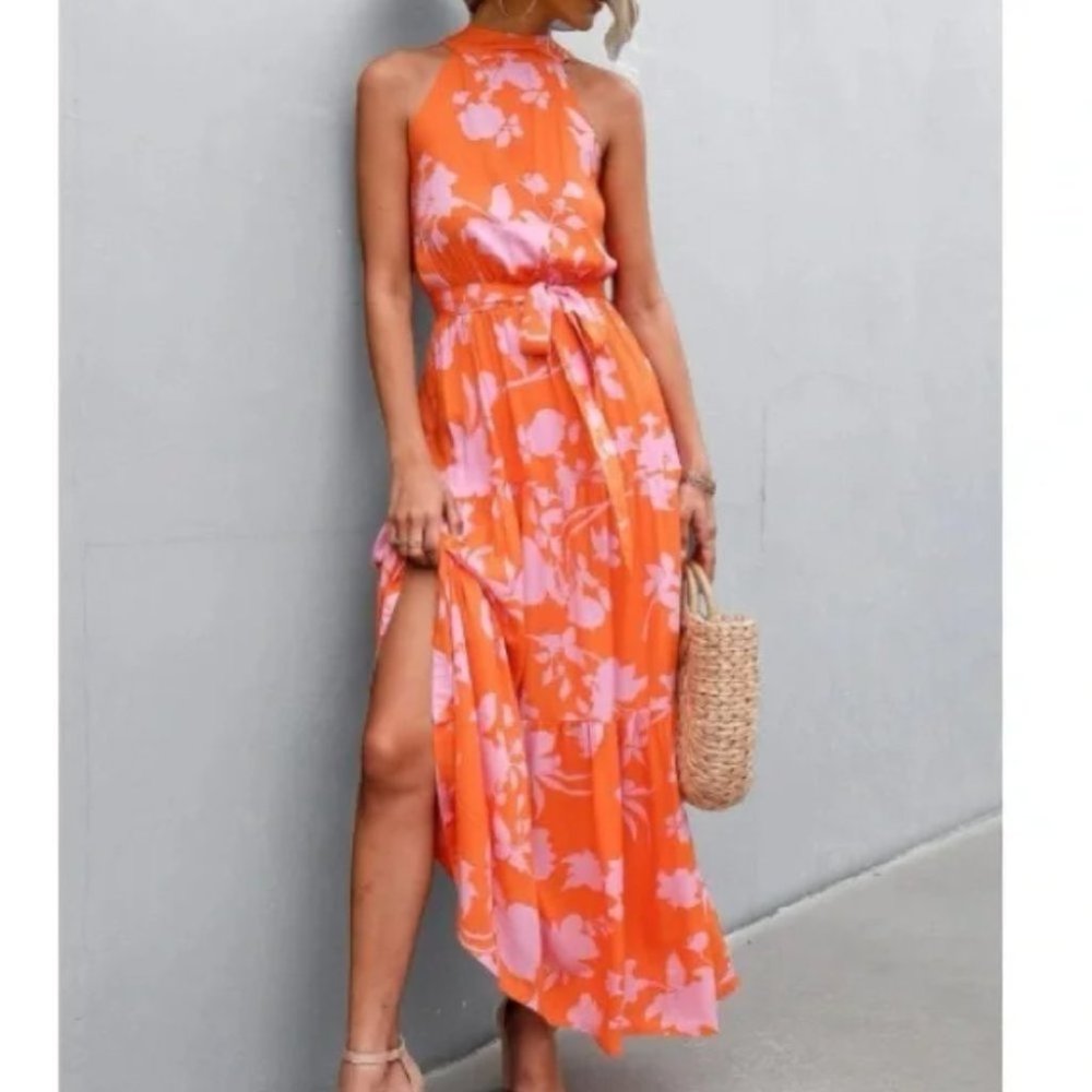 boho floral print belted halter maxi dress - Picture 7 of 13